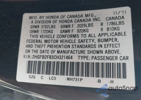 2012 Honda Civic Ex из США, поврежденный, VIN 2HGFB2F83CH321464